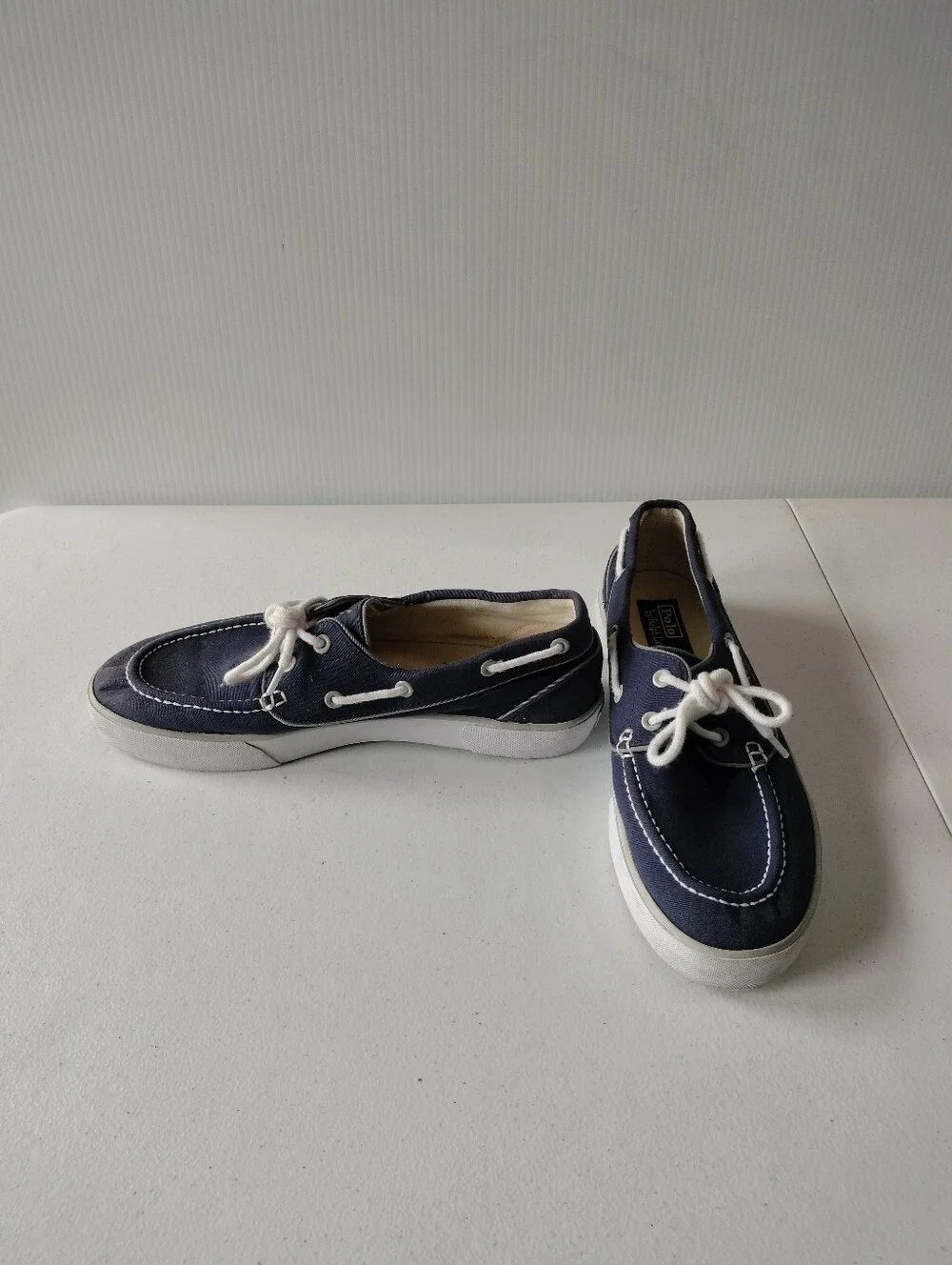 Polo Ralph Lauren Lander Navy White Canvas Boat Shoes 9 Vacation Cruise Preppy